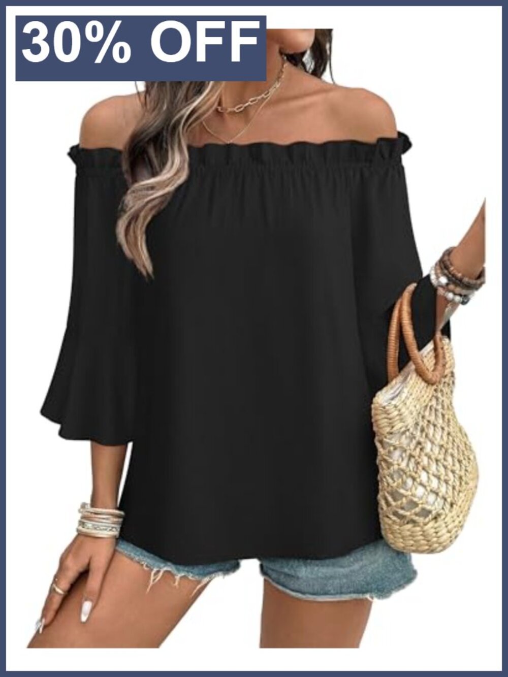 Off Shoulder Boho Blouse 3/4 Ruffle Sleeve Rayon Blend Womens Floral Peasant Top